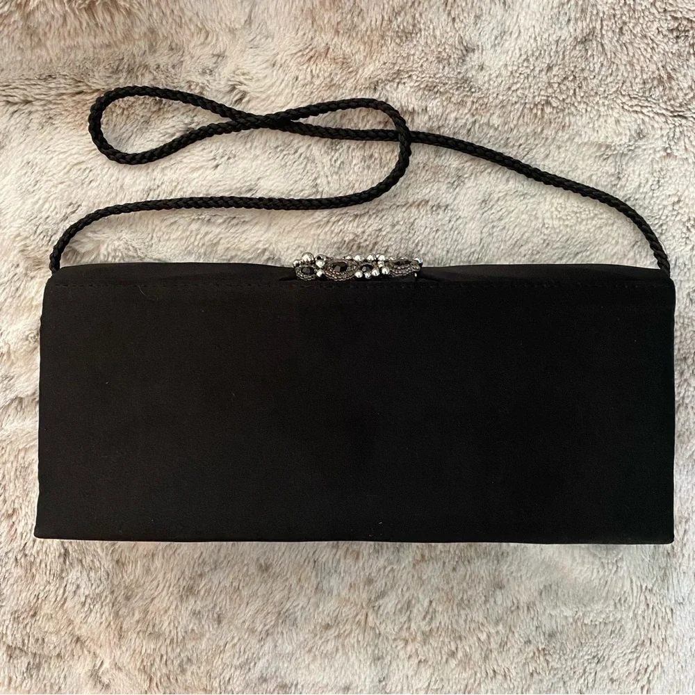Jessica McClintock Satin Black Beaded Rhinestone Evening Clutch Purse handbag